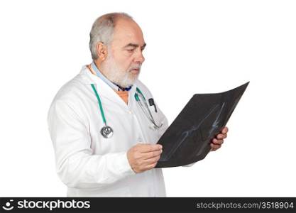 Senior doctor with hoary hair with a radiography isolated on white background