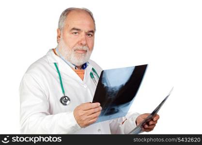 Senior doctor with hoary hair with a radiography isolated on white background