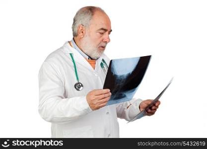Senior doctor with hoary hair with x-rays isolated on white background