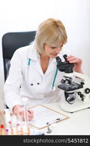 Senior doctor woman working with microscope