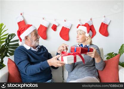 senior elderly caucasian old man and woman give gift presents to each other, they happy together in living room that decorated for christmas festival day in the morning, retirement lifestyle concept