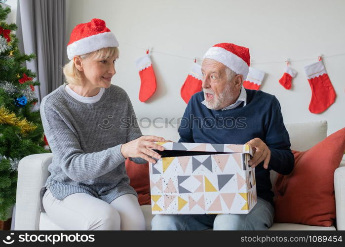 senior elderly caucasian old man and woman help open big gift presents box and happy together in living room that decorated with christmas tree for christmas festival day, lifestyle concept