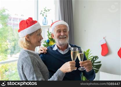 senior elderly caucasian old man and woman holding glass of champagne celebrate together in living room that decorated with christmas tree for christmas festival day, retirement lifestyle concept