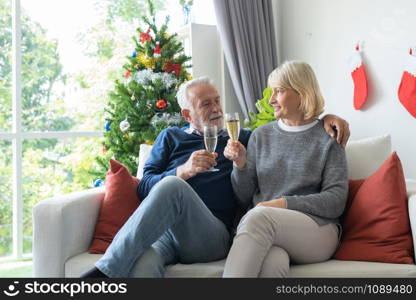 senior elderly caucasian old man and woman holding glass of champagne celebrate together in living room that decorated with christmas tree for christmas festival day, retirement lifestyle concept