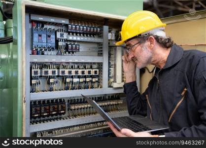 Senior engineer inspects the electrical system and repairs the mechanical system in the machine control cabinet. in order for the machine to return to normal operation