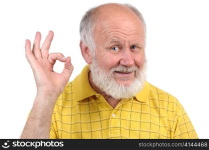 senior funny bald man in yellow t-shirt is shows gestures and grimaces. senior bald man&rsquo;s gestures