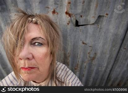 Senior homeless woman with too much makeup