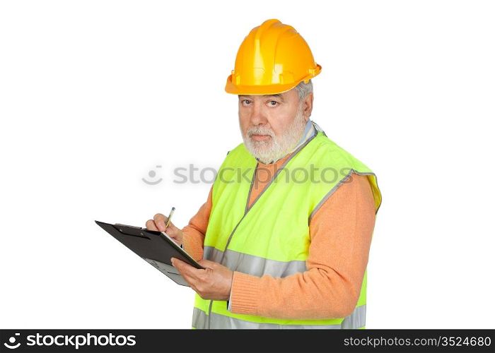 Senior inspector with hoary hair and clipboard isolated on white background