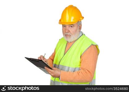 Senior inspector with hoary hair and clipboard isolated on white background