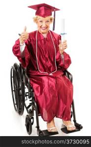 Senior lady in a wheelchair earns her college degree and gives a thumbs up. Full body isolated on white.
