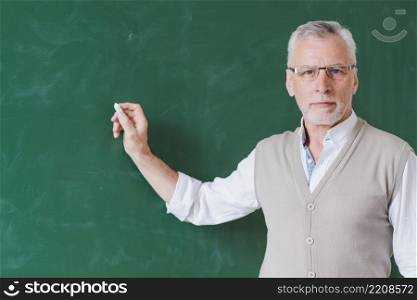 senior male teacher writing green chalkboard