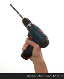 Senior males hand holding a power drill isolated against white