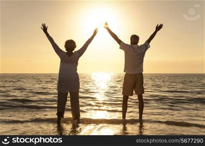 Senior man and woman couple arms raised celebrating together at sunset or sunrise on a beautiful tropical beach