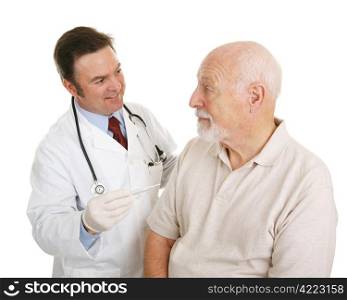 Senior man at the doctor finding out his temperature is normal. Isolated on white.