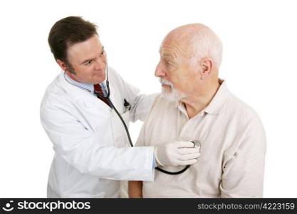 Senior man being examined by a doctor. He&rsquo;s asking the if he will be okay and the physician is reassuring him. Isolated on white.