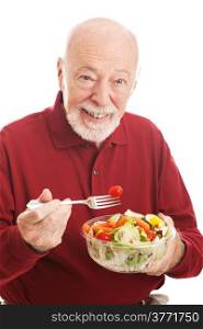 Senior man eating healthy salad for lunch. White background.