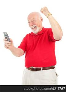 Senior man excited about good news he received via text message. Isolated on white.