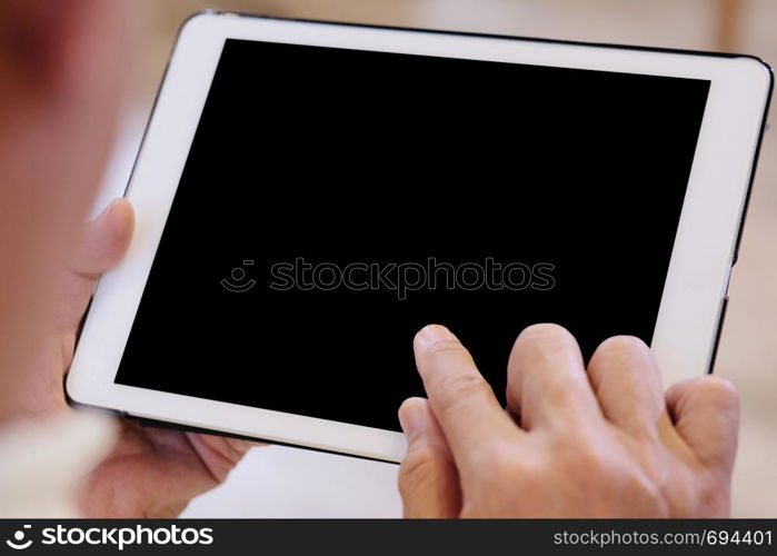 Senior man hand holding tablet with blank on screen display background, senior people and technology display montage, mock up, template, background