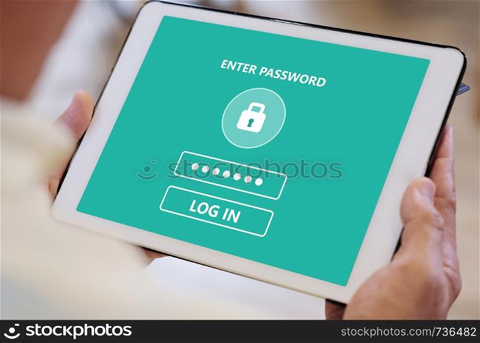 Senior man hand using tablet with password login on screen, cyber security concept