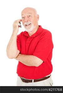 Senior man having a pleasant conversation on his cell phone. Isolated on white.