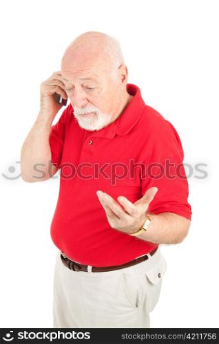Senior man having an argument over his cellphone. Isolated on white.