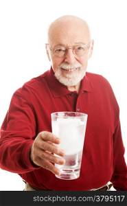 Senior man holding a glass of iced water. Isolated on white.