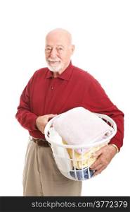 Senior man holding a laundry basket. Isolated on white.