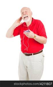 Senior man listening to his favorite tunes on a new mp3 player. Isolated on white.