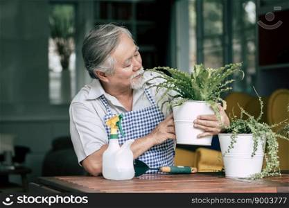 Senior man plant a tree at home
