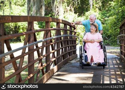 Senior man pushes his disabled wife&rsquo;s wheelchair through the park.