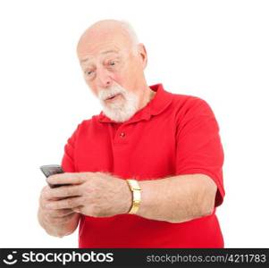 Senior man receives a surprising text message on his cellphone. Isolated.