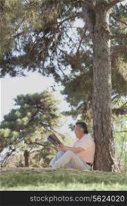 Senior man relaxing under a tree and reading a book in a park in the springtime, Beijing