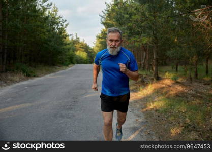 Senior man running outside among countryside road. Healthy lifestyle and physical activity for wellness on retirement. Senior man jogger performing exercise outside among countryside road