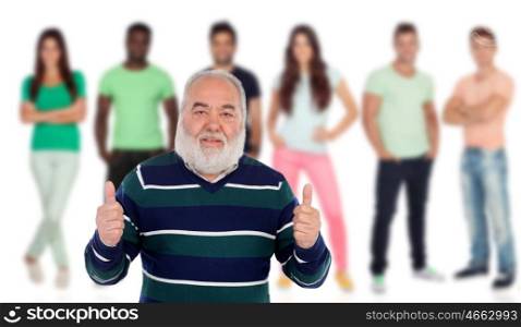 Senior man saying Ok with young people of background unfocused