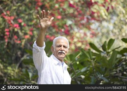 Senior man smiling while waving in park