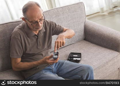 Senior man taking his diabetes test at home.  Health and fitness  