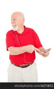 Senior man talking about his new MP3 player. Isolated on white.