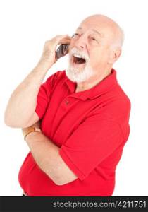 Senior man talking on his cellphone laughs out loud. Isolated on white.