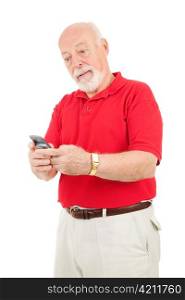 Senior man trying to figure out how to text with his new cell phone. Isolated on white.