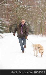 Senior Man Walking Dog Through Snowy Woodland