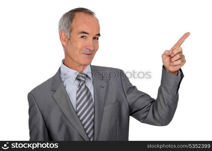 Senior man with finger up on white background