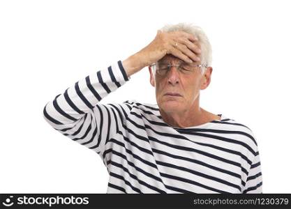 Senior man with headache isolated over white background