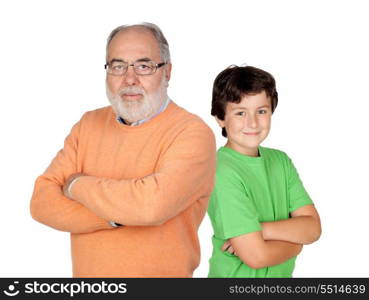 Senior man with hoary hair and his grandchild isolated on white background