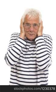 Senior man with too much noise isolated over white background