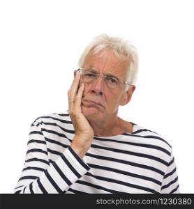 Senior man with tooth ache isolated over white background