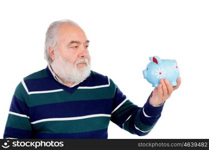 Senior man with white beard and a blue moneybox isolated on background
