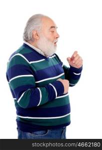 Senior man with white beard coughing isolated on background
