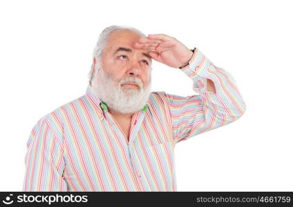 Senior man with white beard looking something isolated on background