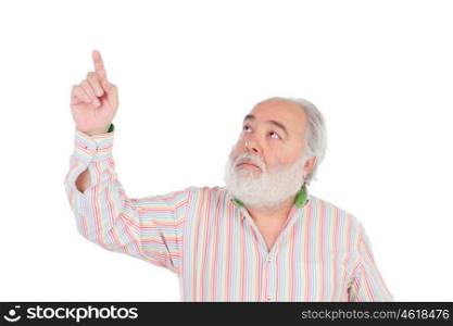 Senior man with white beard pressing something with his finger isolated