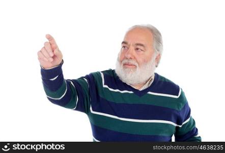 Senior man with white beard pressing something with his finger isolated